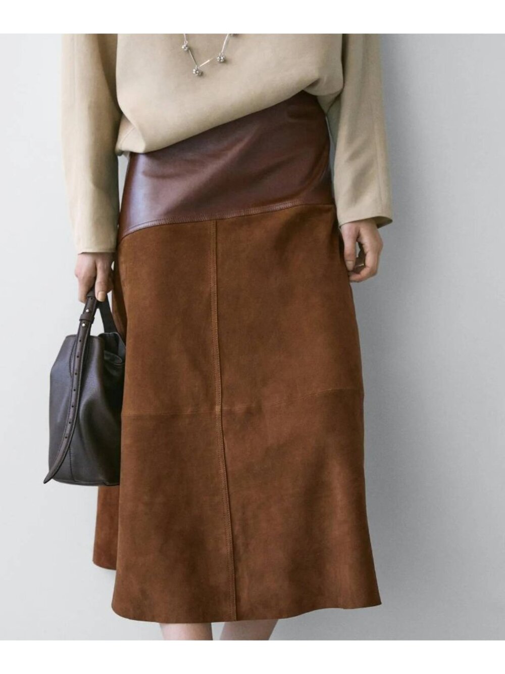 Massimo Dutti Womens Leather Skirt Brown Midi Medium Suede 5359/679 NWT